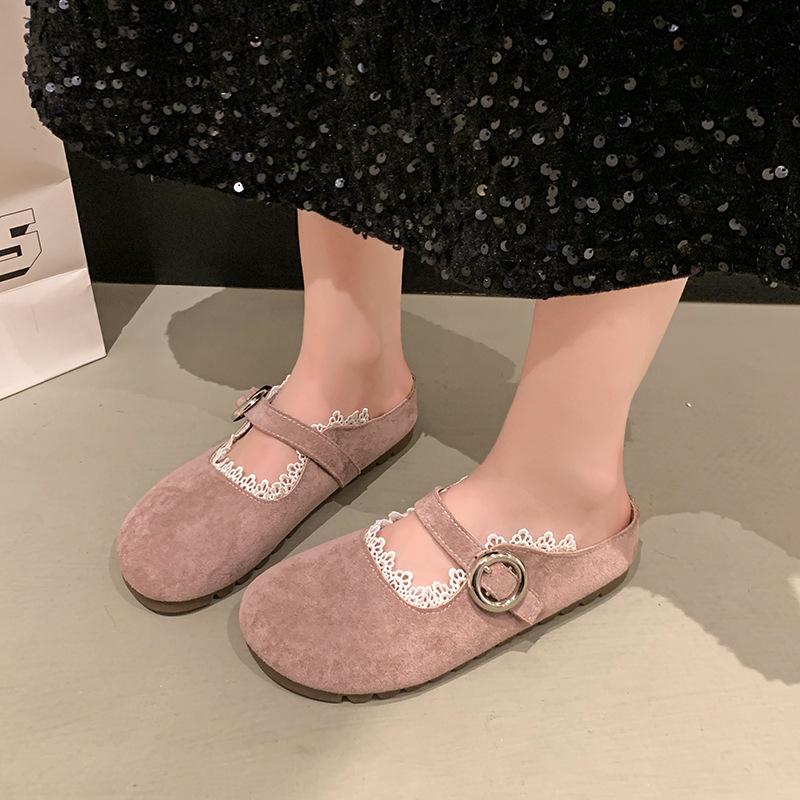 

French style with skirt bag head half slippers women s outer wear 2025 spring and summer new square head lace lace sweet sandals women 40 розовый