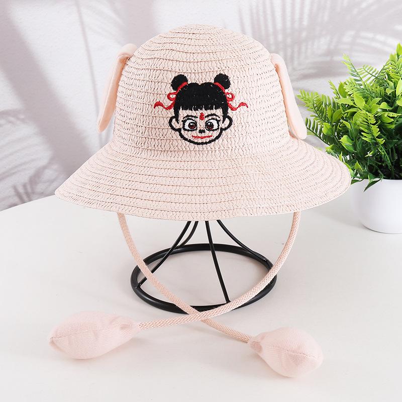 Ears move rabbit hat scenic cartoon cute children's straw hat summer sun protection Nezha sun hat airbag hat
