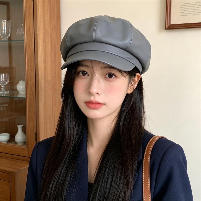 Korean Leather Beret Children Spring Student Cute Versatile Pu British Style Octagonal Hat Pumpkin Hat