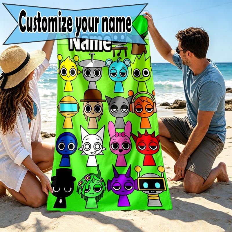 Custom Name Personalized Sprunki Game Print Beach Towel, for Trip Camping Beach Party Home Decor, Birthday Gift for Family & Friends