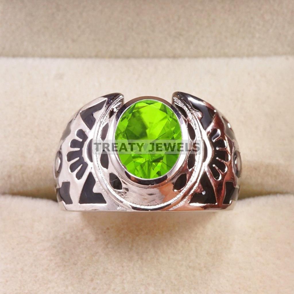 Peridot Oval Cut Gemstone With 925 Sterling Silver Ring For Men's #B473 JL375683911646