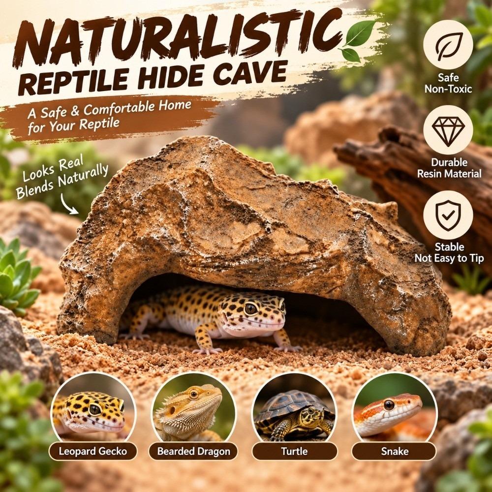 Odorless Reptile Hide Cave Flat Base Hideout Decor Decorative Natural Rock Design Pet Enclosure