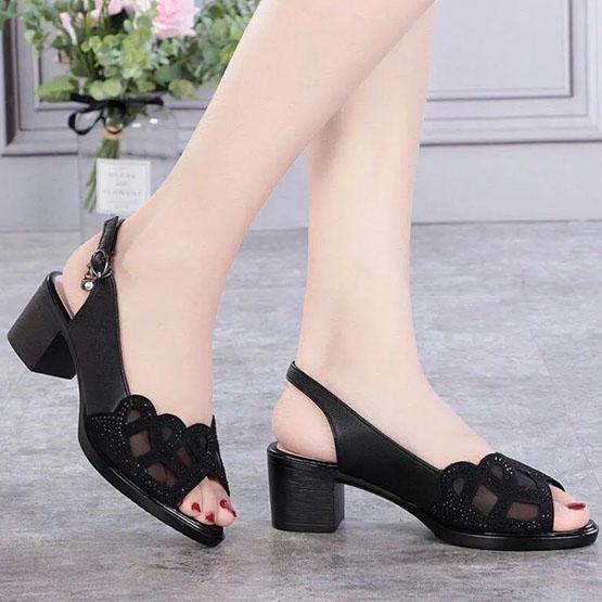 Dames sandalen echt zacht leer zomer mesh vis mond schoenen dikke hak halfhoge holle zachte zool schoenen