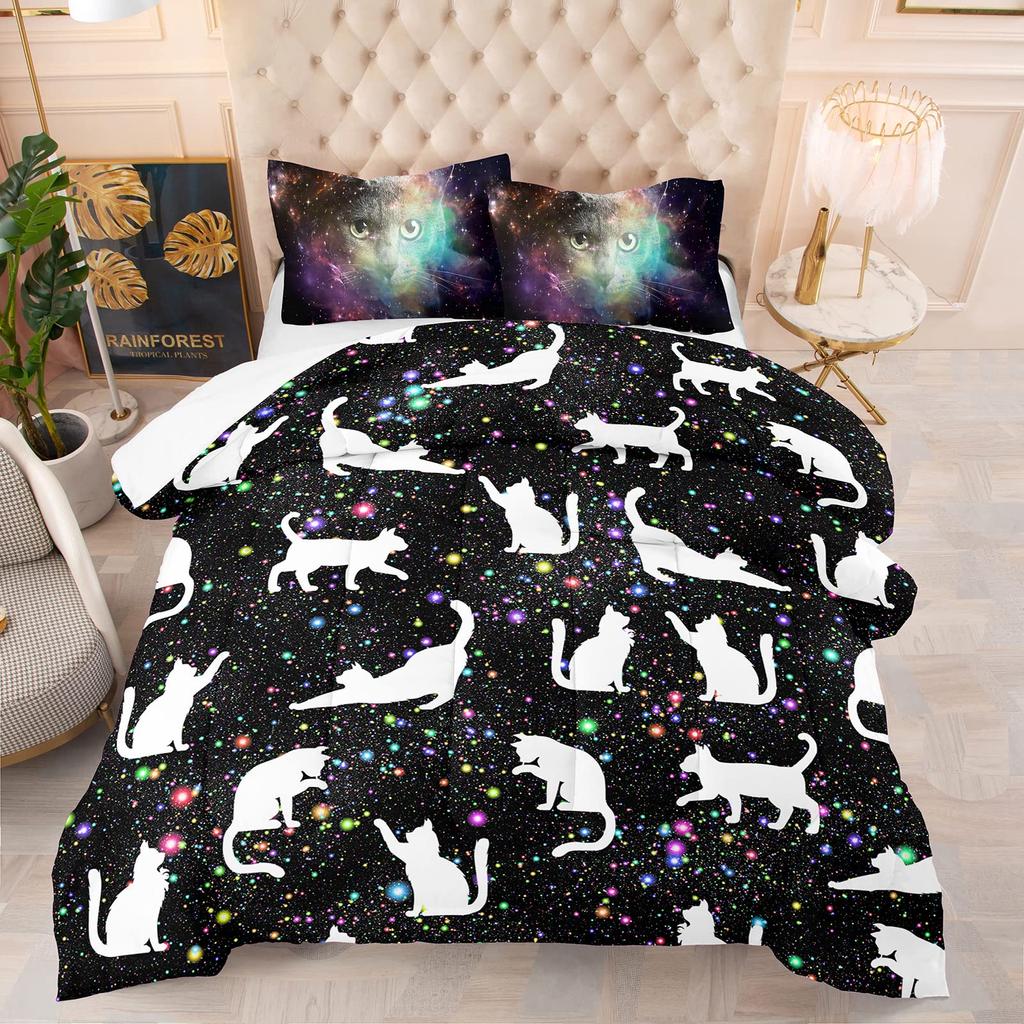Cute Kitten Bedding For Girls Boys Black Cat Pattern 3 Piece Decorative Duvet Cover Set King Size Bedroom Decor Comforter Cover