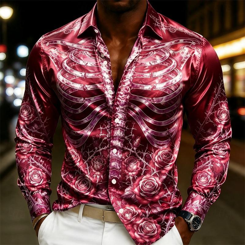 Luxury Men  Silk Satin Shirt Rose Floral Jacquard Long Sleeve Slim Fit Formal Evening Wedding Prom Party Business Dress Shirts