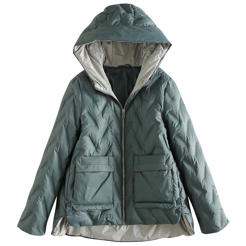 Winter new women's clothing contrasting colors and thin short hooded down jacket warm jacket white duck down front short and back long