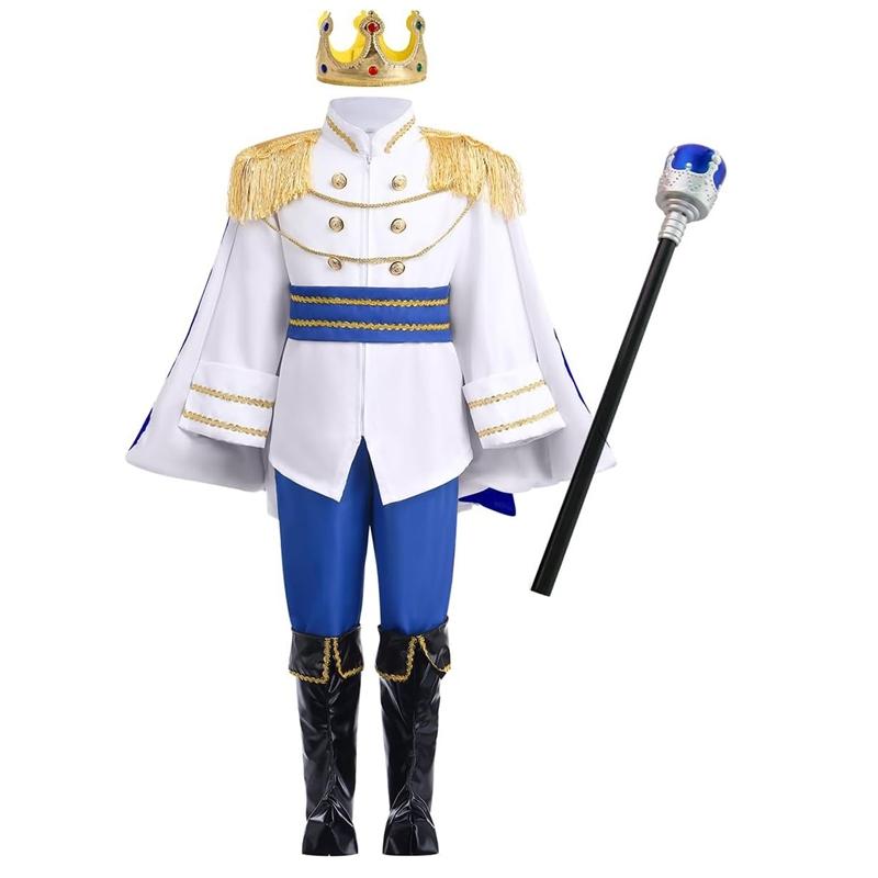 7 Pièces Costume de Roi de Carnaval pour Garçons Ensemble Complet de Prince Royal Médiéval Tenues pour Halloween Fête d'Anniversaire Carnaval Déguisement 110 white