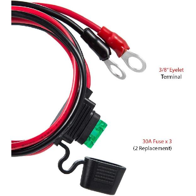 3/8" Ring Eyelet Terminal Battery Boost Cable Heavy-Duty 30A Fuse 12V/24V 12AWG Cord 10Ft