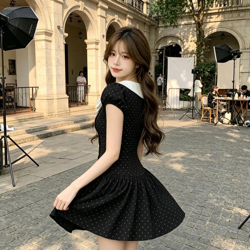 Japanese Ancient Daughter Style Dress Women's Summer New Small Retro Waist Polka Dot Puffy Short Skirt