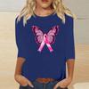 Women's Breast Casual Top with 3/4 Sleeves Round Neck Loose Fit Printed Ribbon Heart Butterfly Pattern for Daily Wear