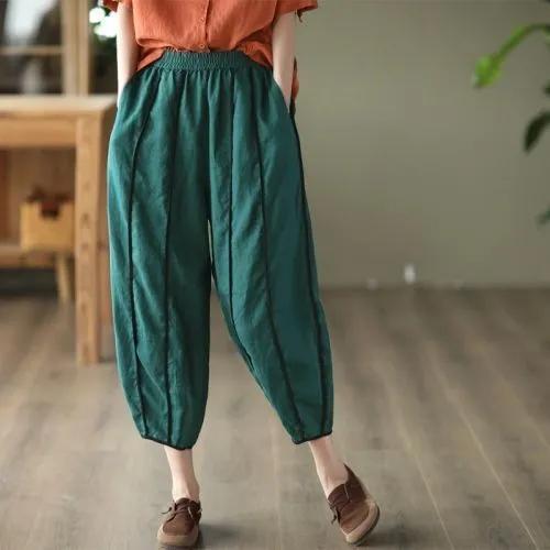 Pantaloni a Quadretti Arlecchino Estivi da Donna in Cotone e Lino Stile Letterario Retrò Sezione Sottile Casual Larghi Pantaloni a Nove Quarti