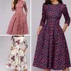 Wome Fashion Floral Print Sleeve Round Neck A-line Slim Ruched Party
