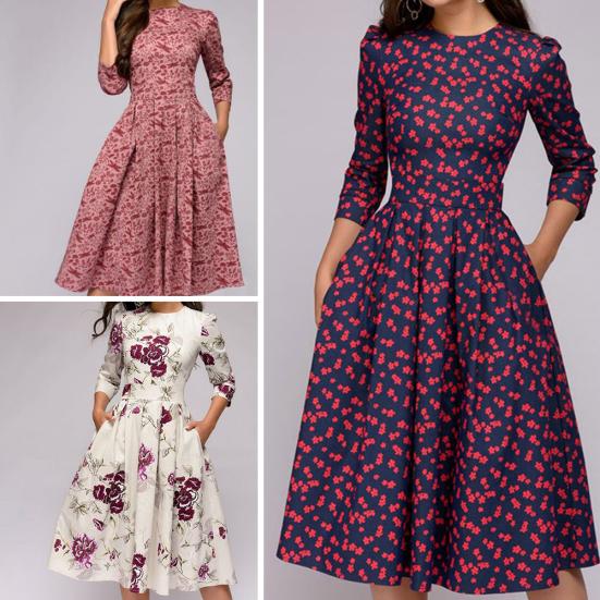 Wome Fashion Floral Print Sleeve Round Neck A-line Slim Ruched Party