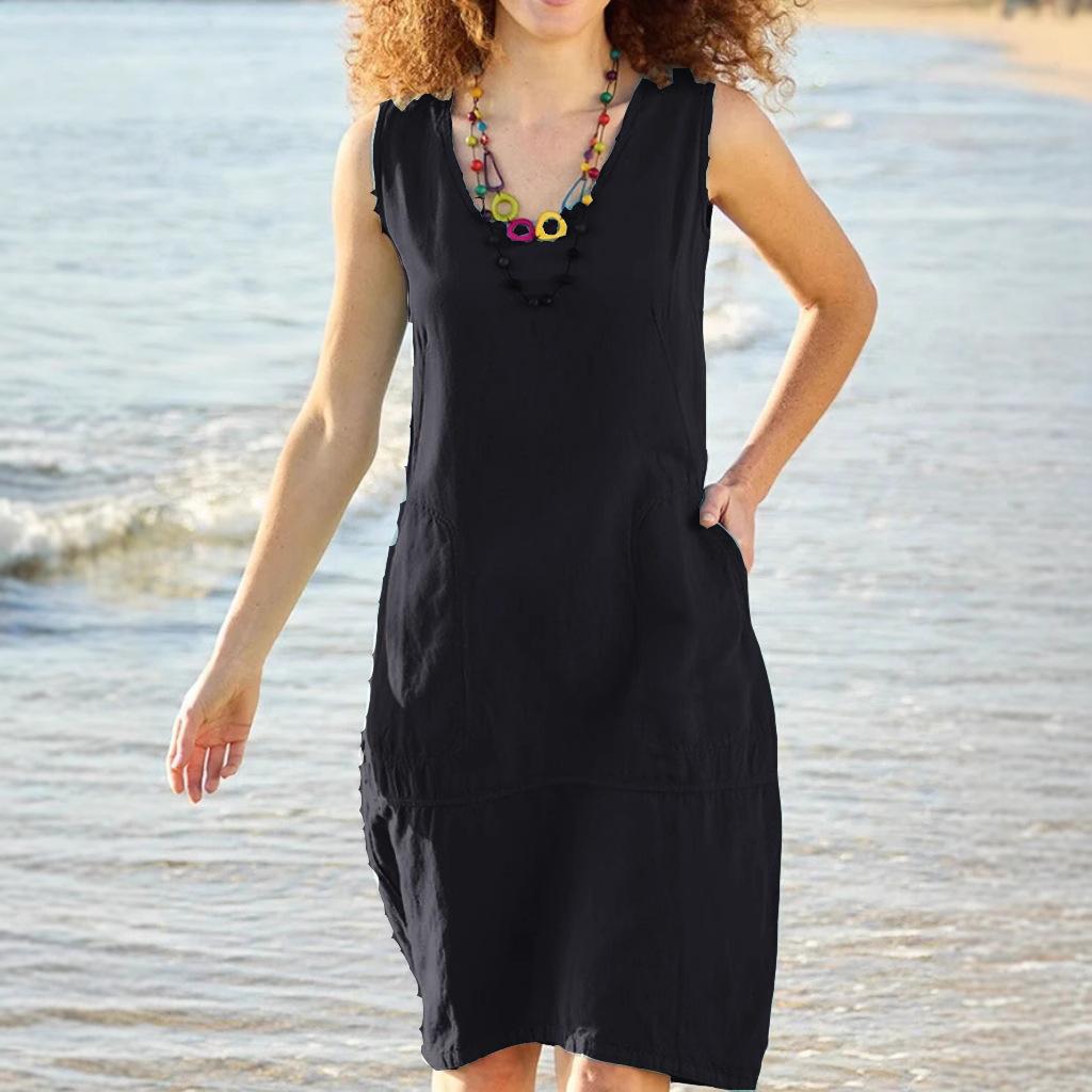 Damenkleid, klare Farbe, kurzärmeliger Baumwollleinen-U-Ausschnitt, ärmelloser Taschenrock
