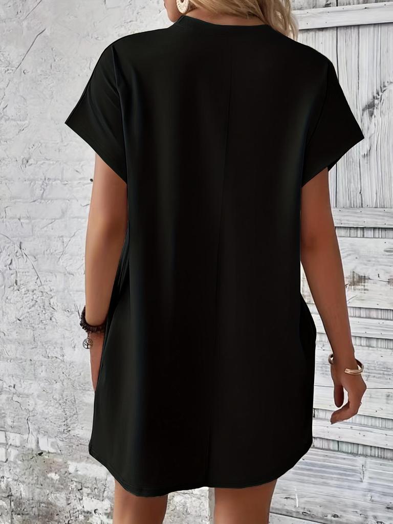 2024 Women's Solid Color Round Neck Loose Short Sleeve Pocket Dress - Spring/Summer Collection