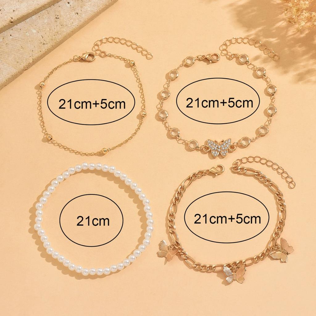 Hot Sales Zinc Alloy 4pcs/set Butterfly Waterproof Anklets Gold Plated ABS Imitation Pearl Iron Foot Chain for Summer Gift Women
