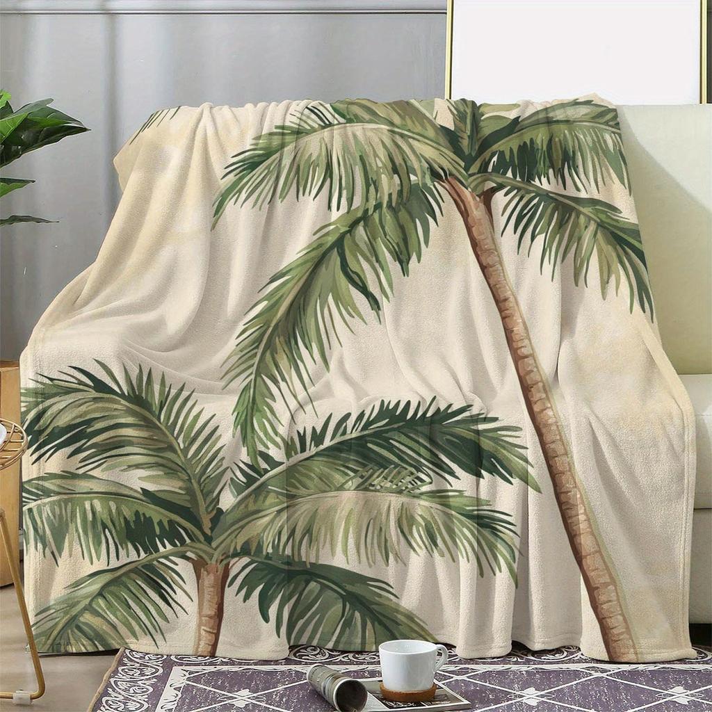 1pc Flannel Blanket - Soft 100% Polyester Lightweight, Tropical Palm Tree Print in Green & Beige, All-Season Cozy Thr