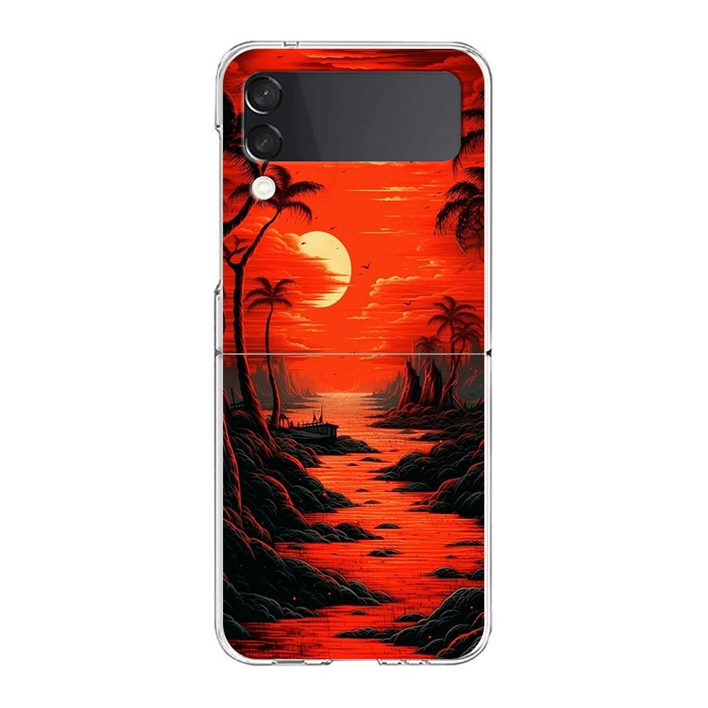 Phone Cover For Samsung Galaxy Z Flip 7 6 5 4 Case Transparent For Samsung Z Flip 3 Hard PC Foldable Sunset Coconut Tree Pattern