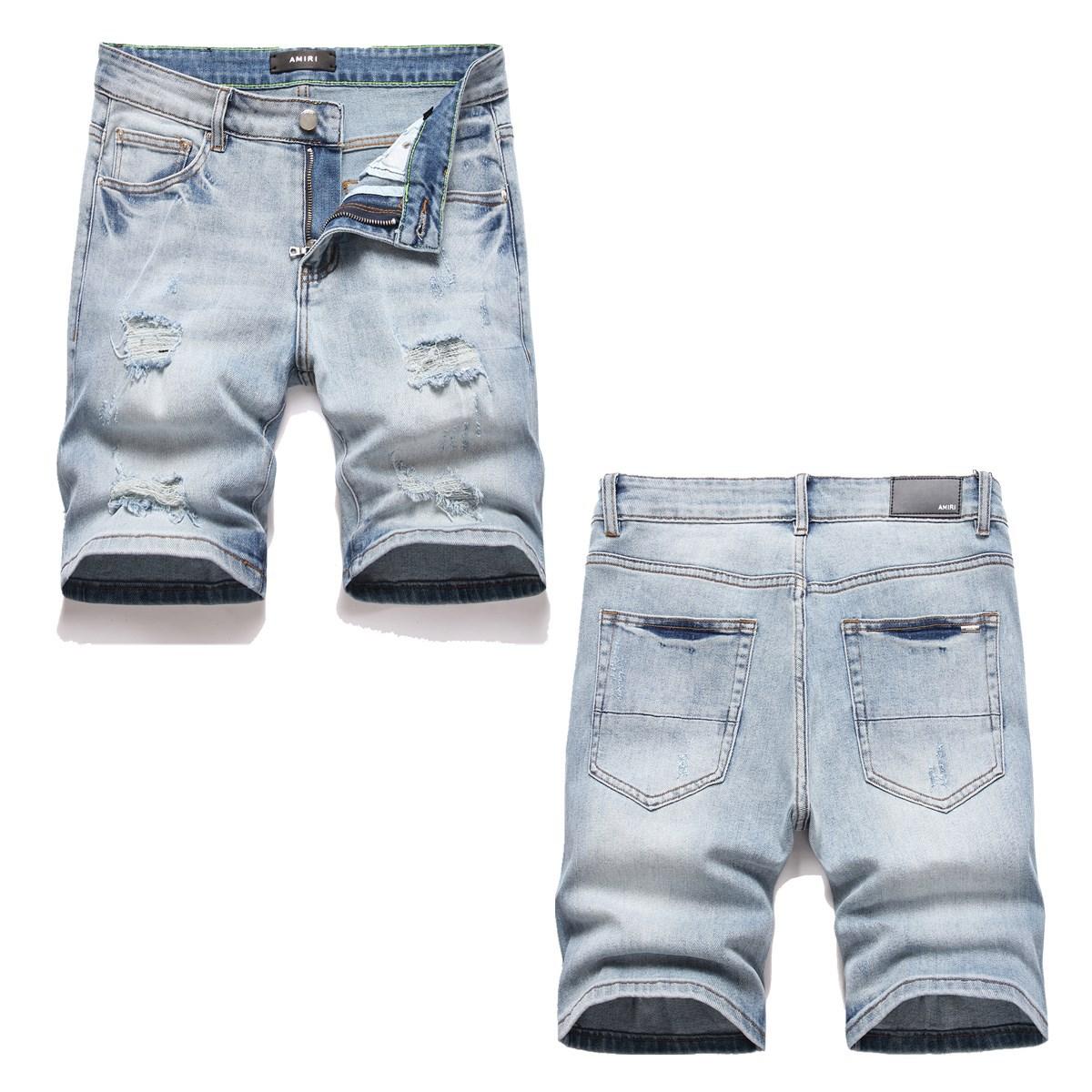 

New Stock Trendy Brand Light Blue Distressed Copper Casual Style Blue Men s Straight Tube Loose And Versatile Five Quarter Pants 42 світло-синій колір