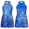 Girls Jazz Dance Costume Halter Shiny Sequins Leotard Sleeveless Short Jumpsuit Stage Performance Clothes