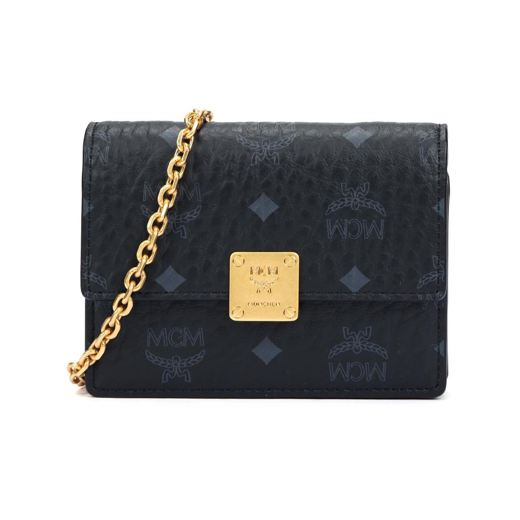 MCM Black Visetos Monogram Chain Wallet with Gold Logo Plate for Daily & Evening Use