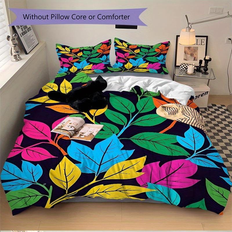 3Pcs Colorful Leaves Pattern Printed Bedding Set, Breathable And Soft,(Includes 1 Duvet Cover And 2 Pillowcases, Quilt Not Included) yy250815203