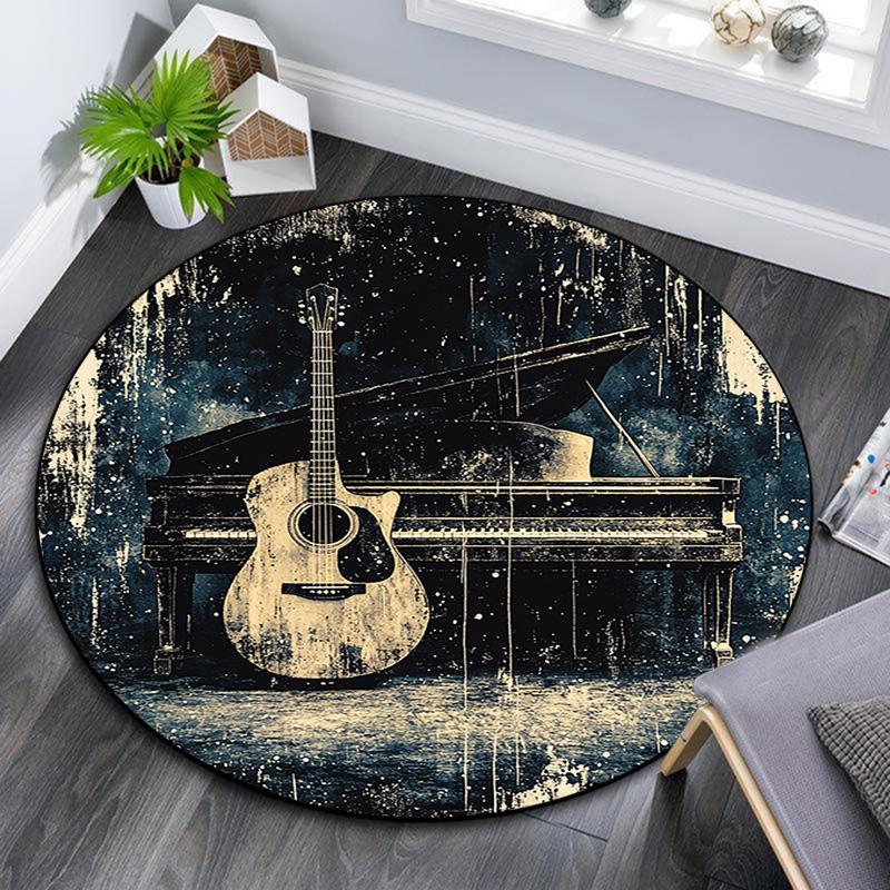 Guitar and Piano Round Area Rug,Carpet Rug for Living Room Bedroom Sofa Playroom Decor,Non-slip Floor Mat