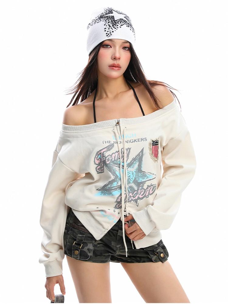 Long sleeve oversized zip-up sexy off the shoulder casual loose women spring autumn sweatshirt tops