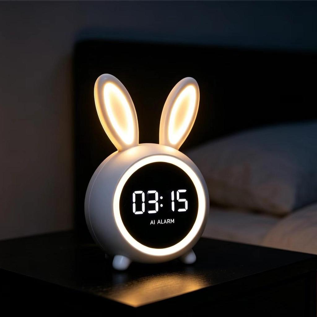 Cute Rabbit Alarm Clock with Night Light & Phone Charger