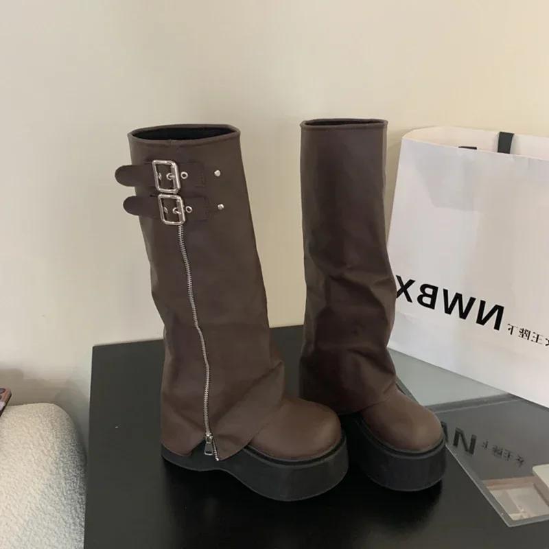 Fashion Autumn Winter Chunky Women Knight High Boots Fashion Platform Flats Trouser Long Booties Female Western Cowboy Shoes