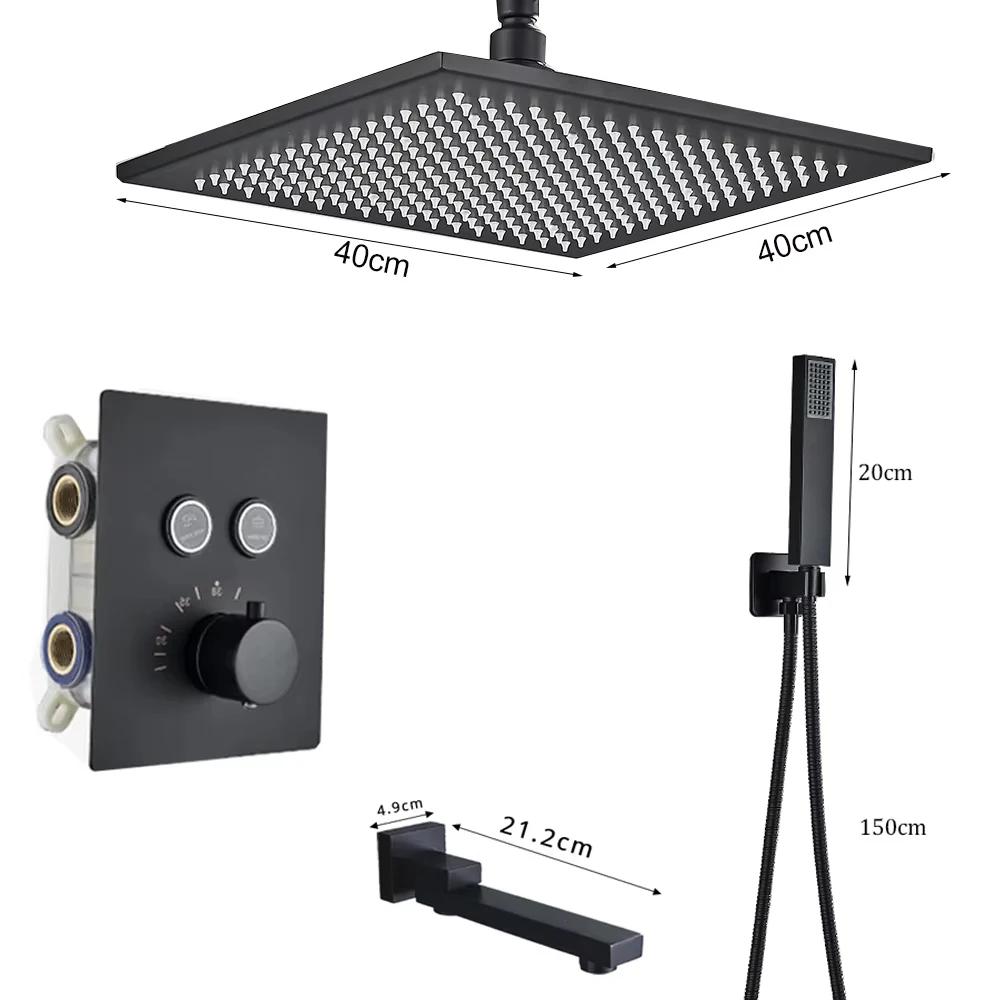 Matte Black LED Thermostatic Shower Faucet 40*80 Large Rain Waterfall Shower System Button Control 3Ways Mixer Installation Arm