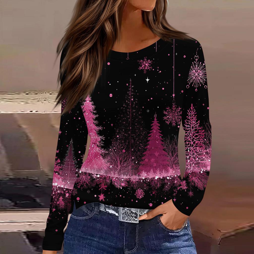 Women's Fashion Casual Slit Hem Round Neck Long Sleeve Loose Christmas Printed T-Shirt Ladies Top