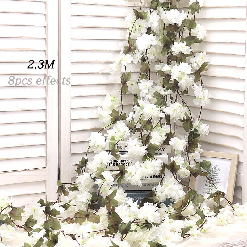 Artificial Flower Silk Cherry Blossom Hanging Vine Home Garden Wedding Garland Arch Party Cherry Blossom Wall Decoration