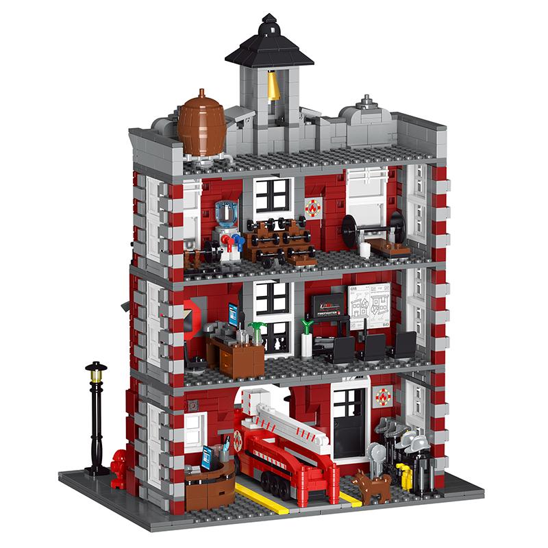 1823Pcs Moc European Architecture Retro Fire Station Model City Street Scene Diy House Building Block Children'S Puzzle Toys
