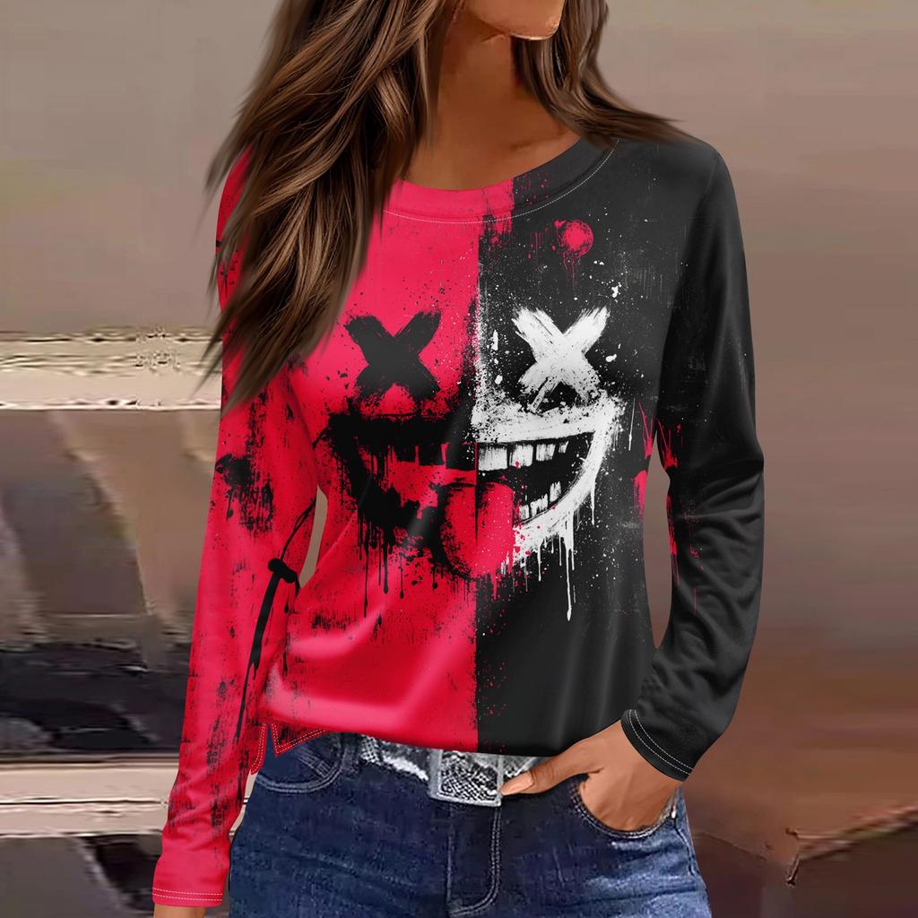 Women's Halloween Print Long Sleeve Top with Round Neck and Hem Slit for Casual Party Wear