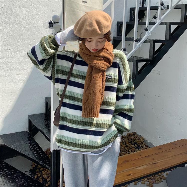 Women Striped Knitted Sweater Autumn Winter Warm Pullovers Oversized Sweaters Unisex Casual Loose Jumper Teen Streetwear