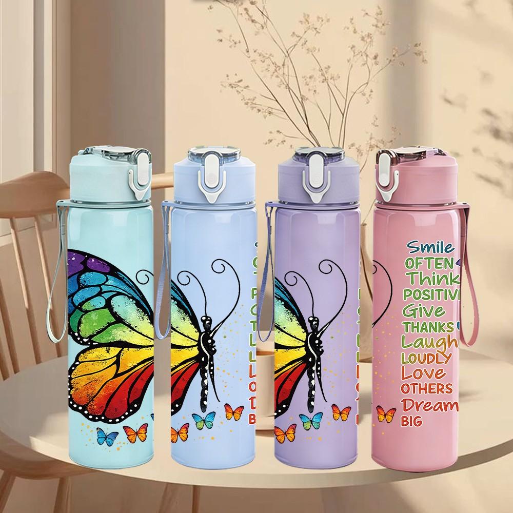 1PC Colorful Butterfly Inspirational Quote 750ml Color Plastic Sports Water Bottle Leakproof Flip Straw Lid Suitable for Sports Office Home Use