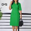 Women Formal Dress Pleated V Neck Solid Color Short Sleeves Sheath Slim Fit Tight Waist OL Commute Business Summer Midi Dress