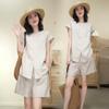 Solid Color Linen Summer Suit: Trendy Round Neck T-shirt + Shorts Two-Piece Set for Moms.