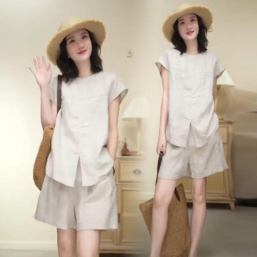 Solid Color Linen Summer Suit: Trendy Round Neck T-shirt + Shorts Two-Piece Set for Moms.