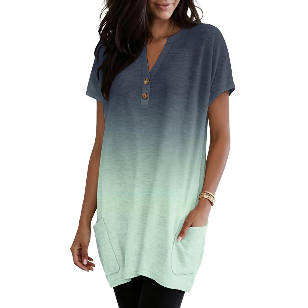 Women's V-Neck Gradient Print Short Sleeve Blouse with Pocket - Casual Pullover Top for Everyday Wear