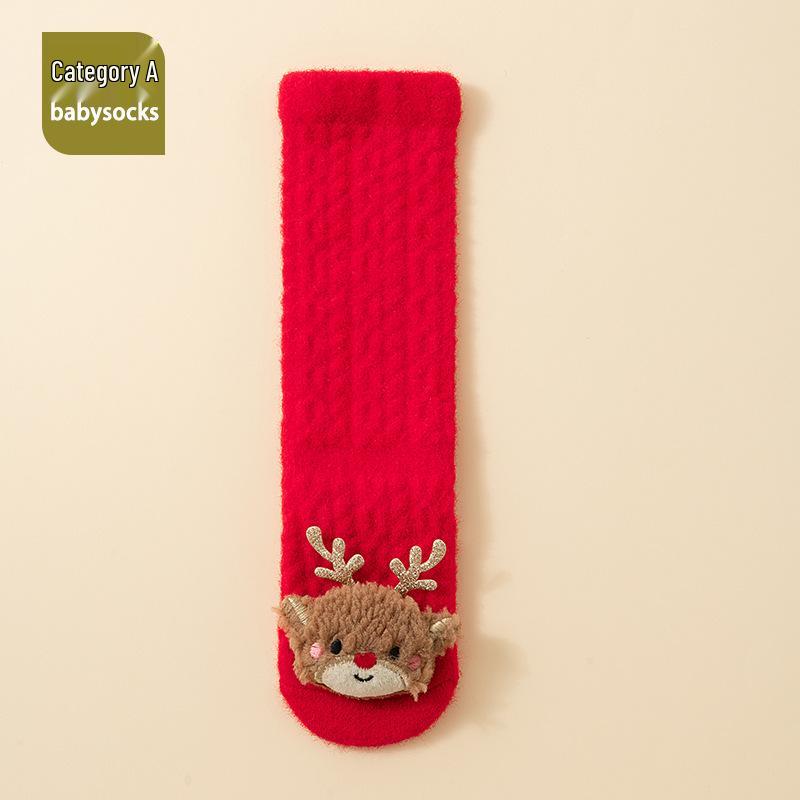 Baby Rote Lange Über-das-Knie Warme Korallfarbene Fleece-Socken - Herbst Winter Festlich A-Klasse