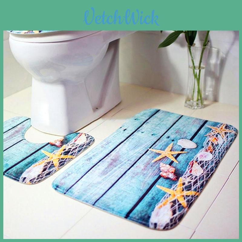 Luxurious 3pcs Beach Nonslip Bathroom Toilet Seat Cover Pedestal Rug Bath Mat Carpet Set