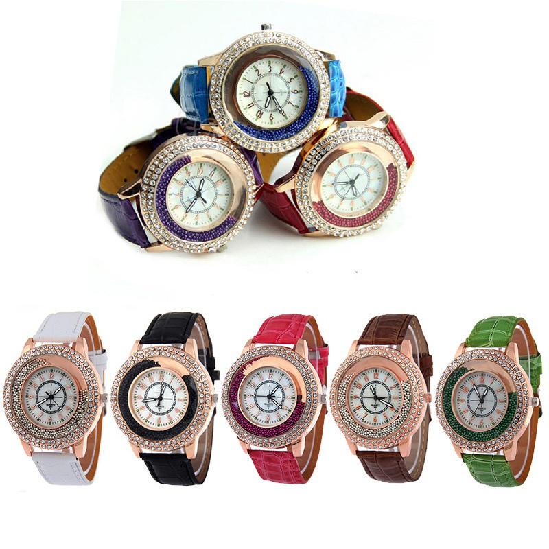 Watch With Quartz Rhinestones Faux Leather Strap Rolling Ball Round Women Dial