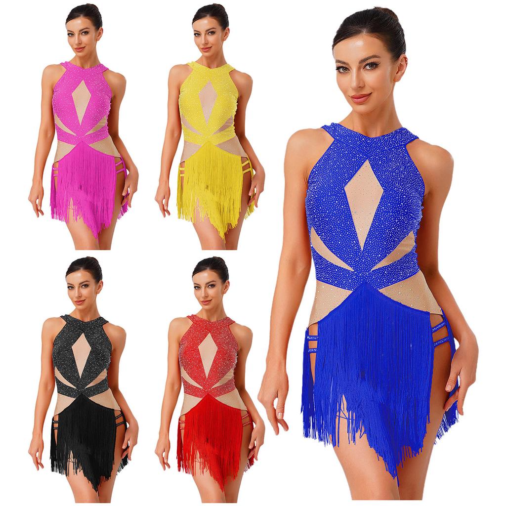 Damen Latein Tango Tanzbody Allover Strass Rückenfrei Stufenquasten Kontrastfarbe Body Performance Jumpsuit