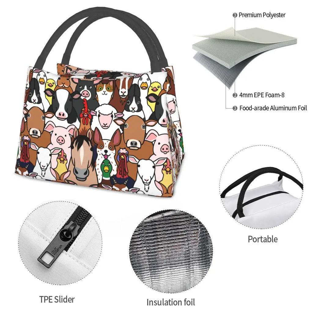 Farm Animals Farmhouse Animal Lunch Bag Waterproof Insulated Canvas Cooler Bags Thermal Food Picnic Lunch Box for Women