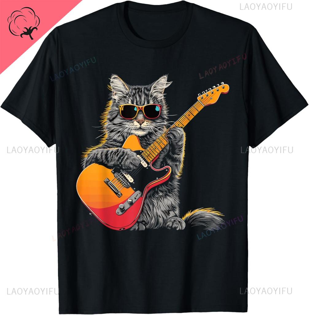Cat Playing Guitar Rock Star Rock and Roll for Men Women T-Shirt Print Original Design Gifts T Shirts Camiseta Hombre