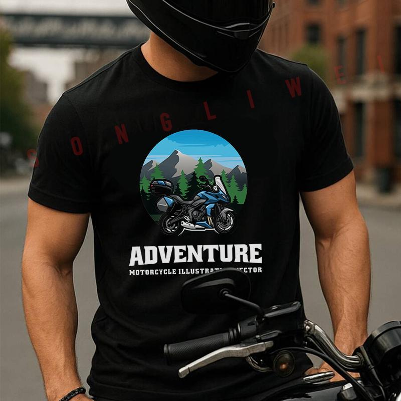Touring And Adventure Motorcycle Logo Moto T-Shirt Vintage Cotton Plain Mens Funny T Shirts Cas
