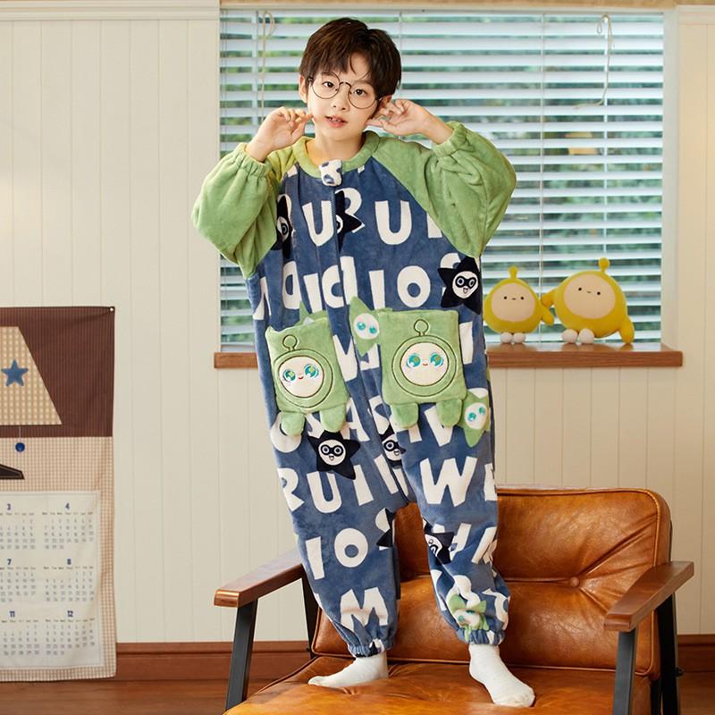 Boys Warm Fleece Pajama Set One-Piece Sleepwear Kids 8 Years Cartoon Print Thick Coral Home Suit
