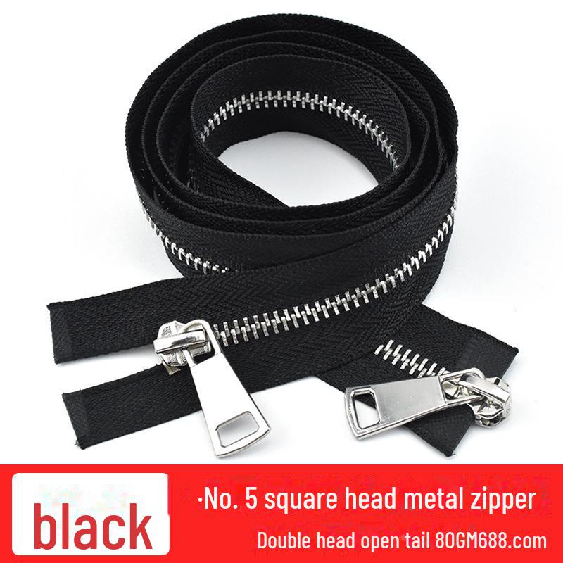 12-100cm Black Metal Copper Zipper No. 5, Double-Ended with Silver Teeth for Leather Jackets